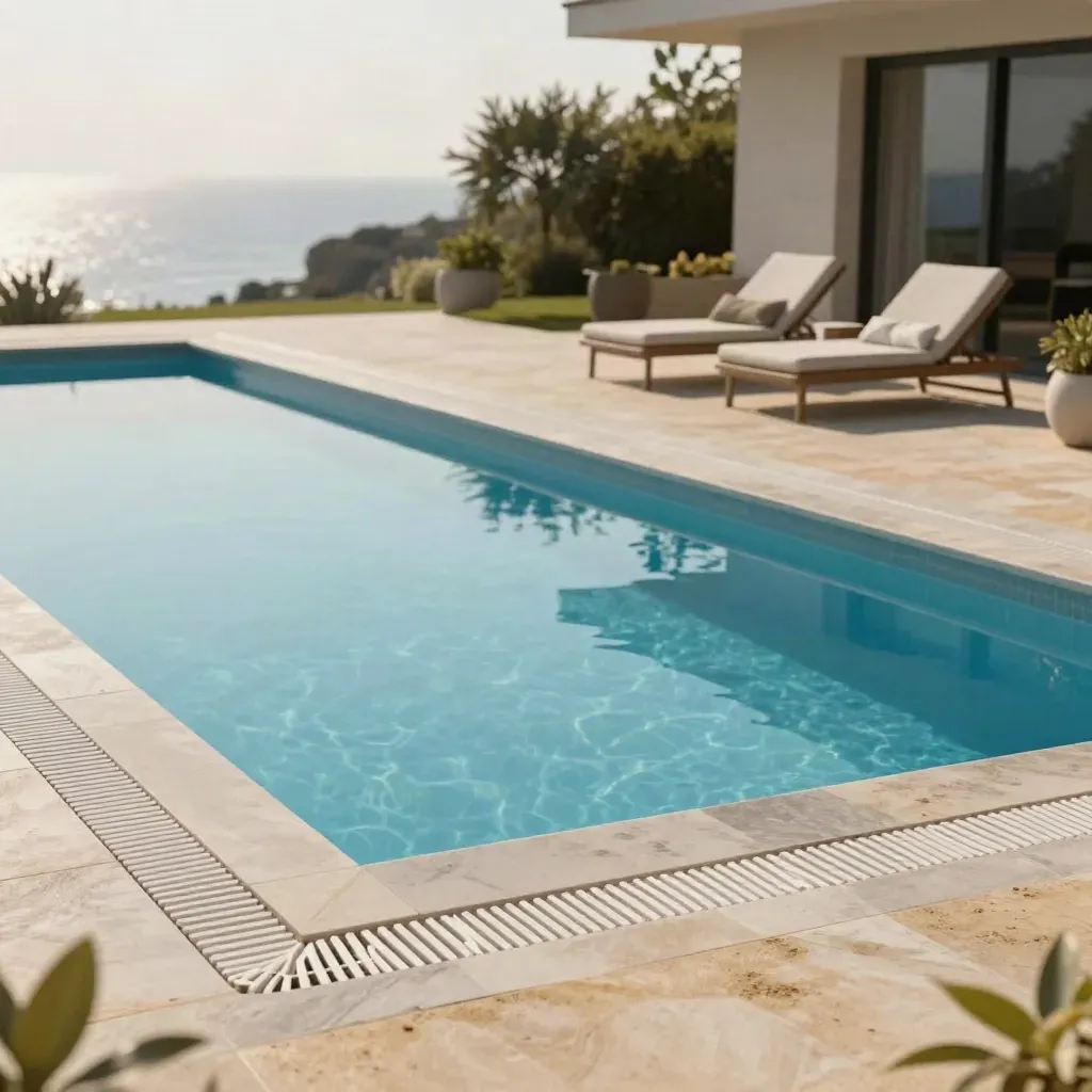 Piscine de location impeccable avec terrasse claire et reflets calmes, ambiance premium.