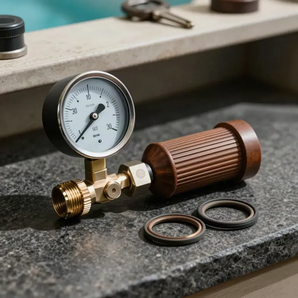 Kit de filtration pour piscine sur banc de pierre sombre, avec manomètre, cellule sel et raccords.