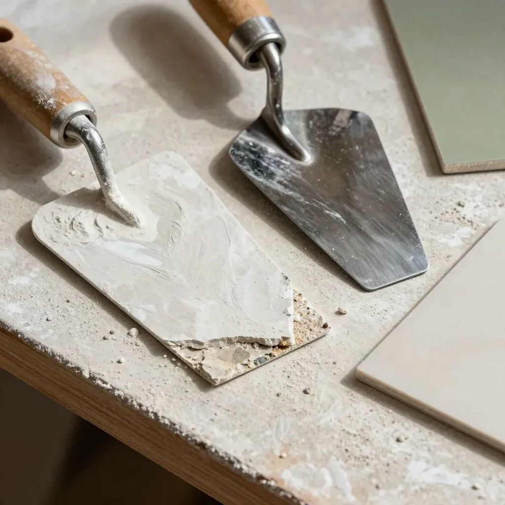 Outils de rénovation en gros plan sur un plan de travail poussiéreux, avec éclats de crépi et lumière rasante.