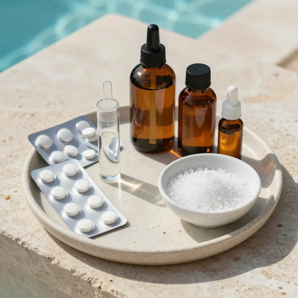 Kit d’entretien piscine avec flacons pH, pastilles, fioles et cristaux de sel sur travertin clair.
