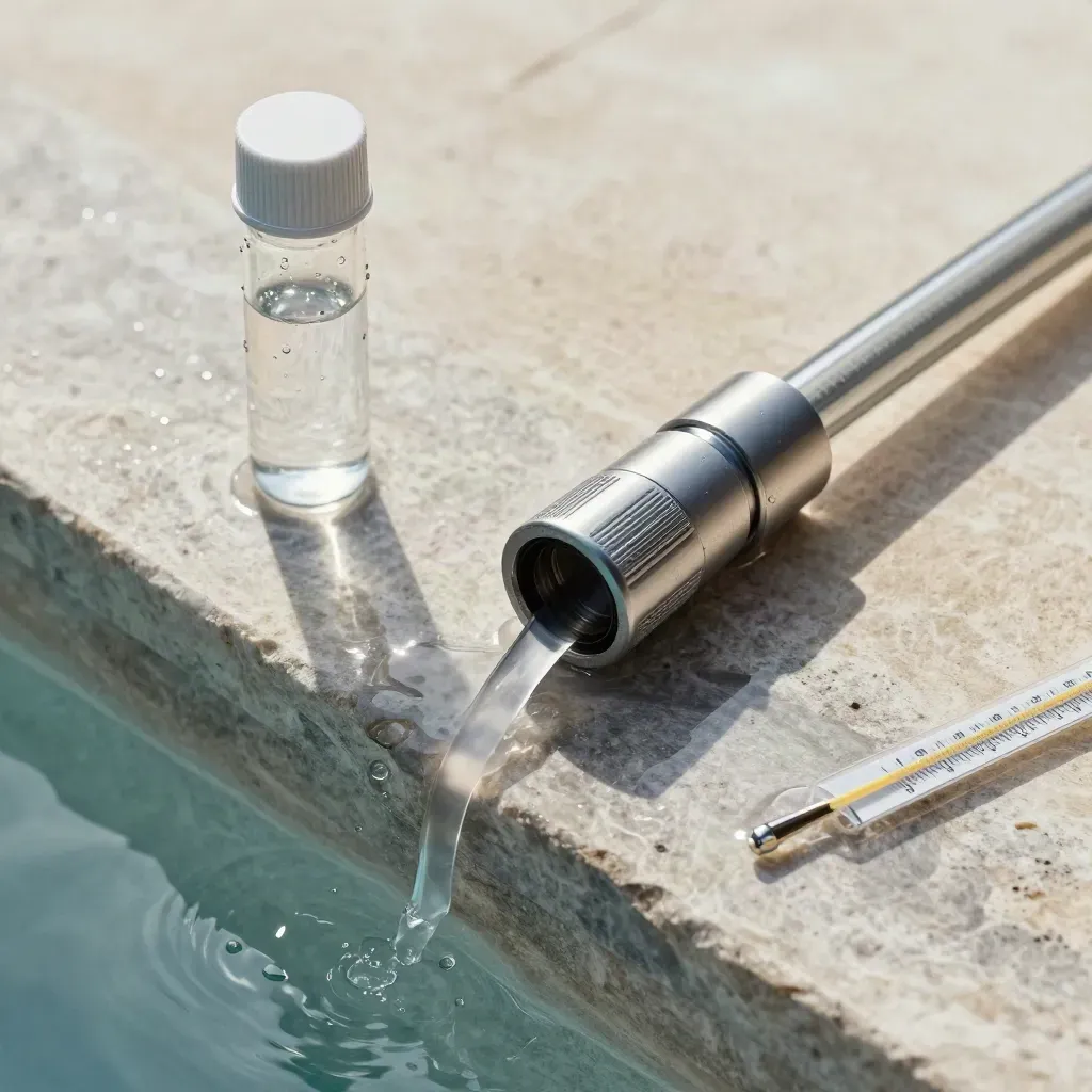 Vue du dessus d’un tuyau, d’un tube de test et d’un thermomètre flottant sur une pierre mouillée.