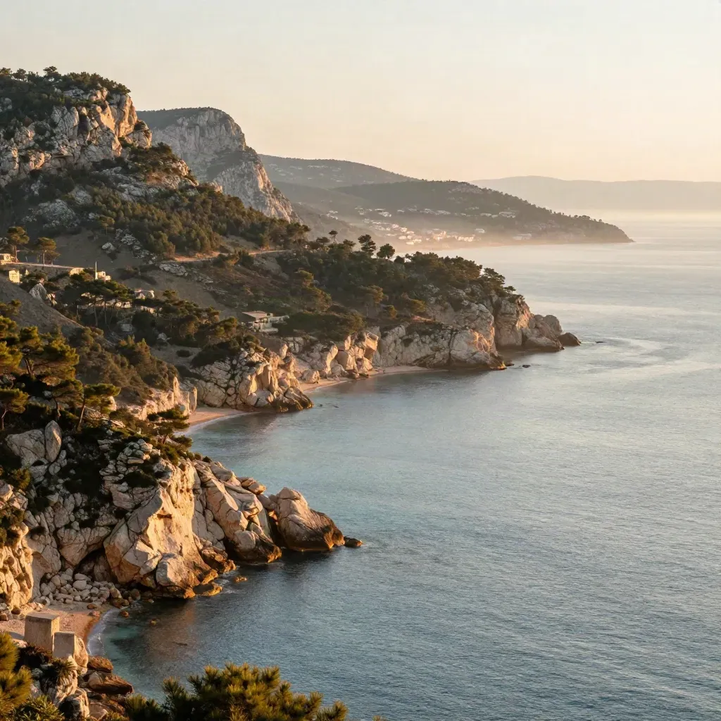 Vue aérienne du Var côtier au coucher doré, falaises claires, pins et mer calme dans la brume.