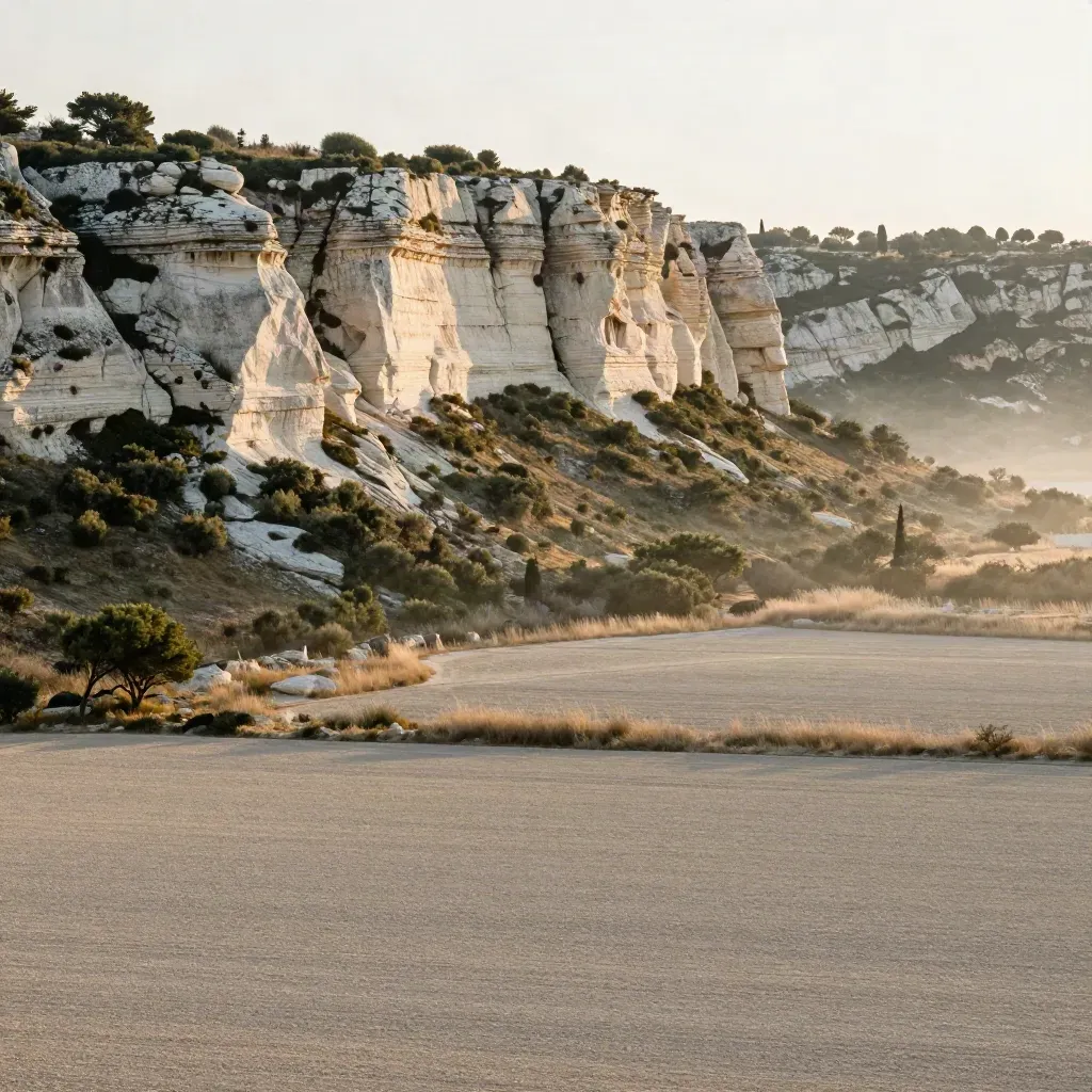 Falaises calcaires de Cassis au crépuscule, garrigue douce et brume dorée.
