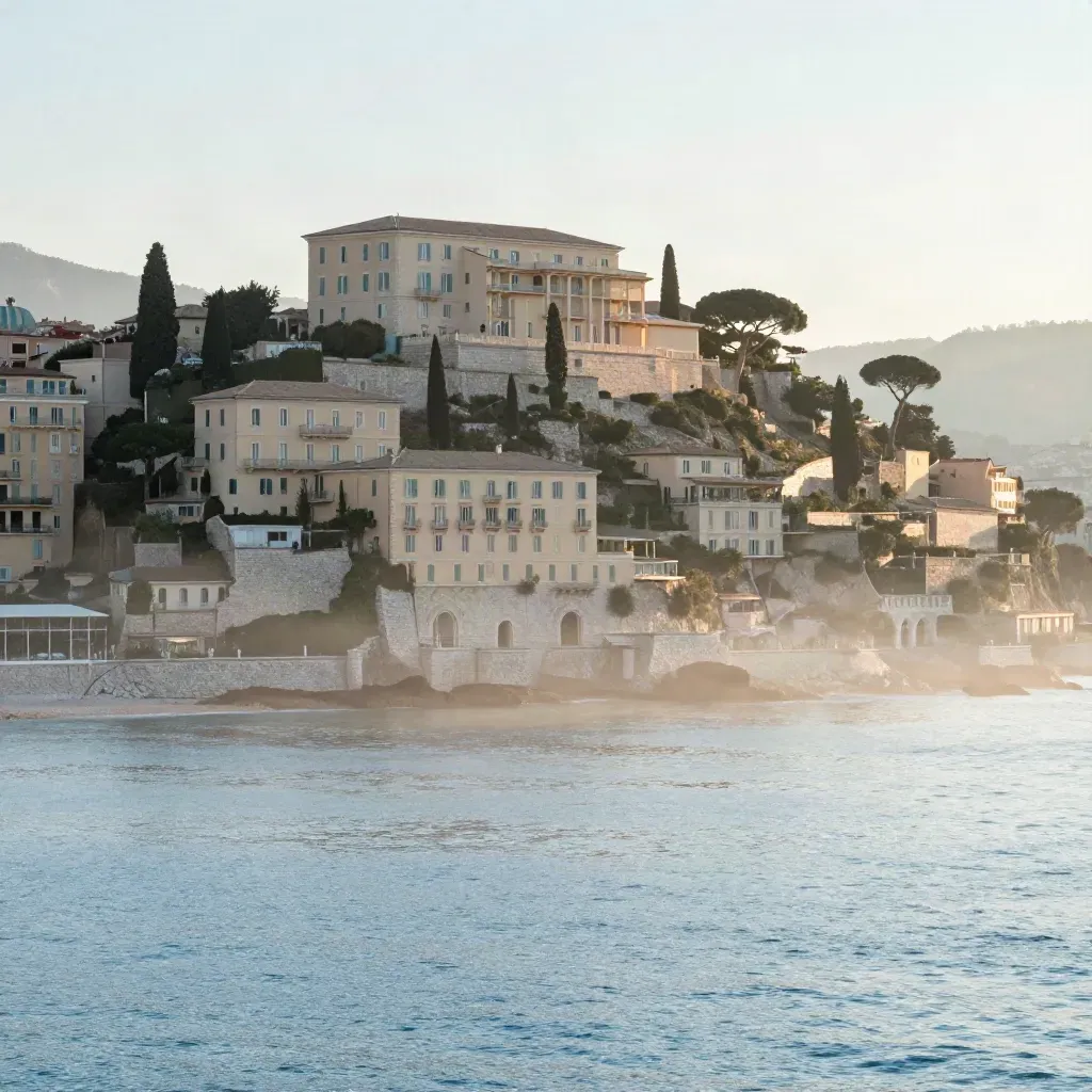 Vue panoramique de Monaco à Menton, villas claires en hauteur au-dessus d’une mer calme et brumeuse.