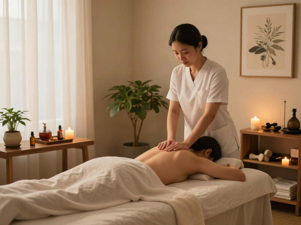 Expert 송파출장마사지 therapy scene in a soothing wellness room with a tranquil atmosphere.