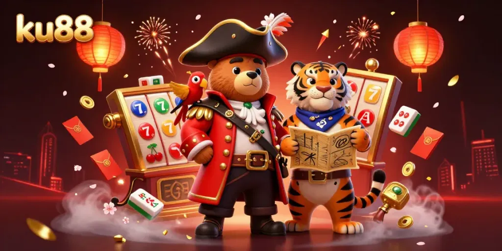 Experience thrilling gameplay with ku88 in this vibrant 3D casino scene featuring a pirate bear and colorful slot elements.