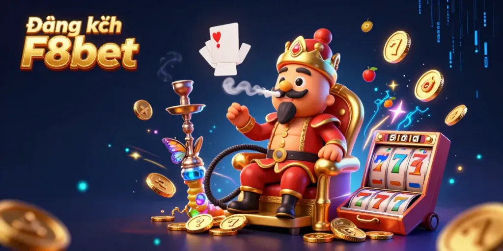 Engage in Đăng ký F8bet showcasing a colorful 3D casino scene with vibrant game elements