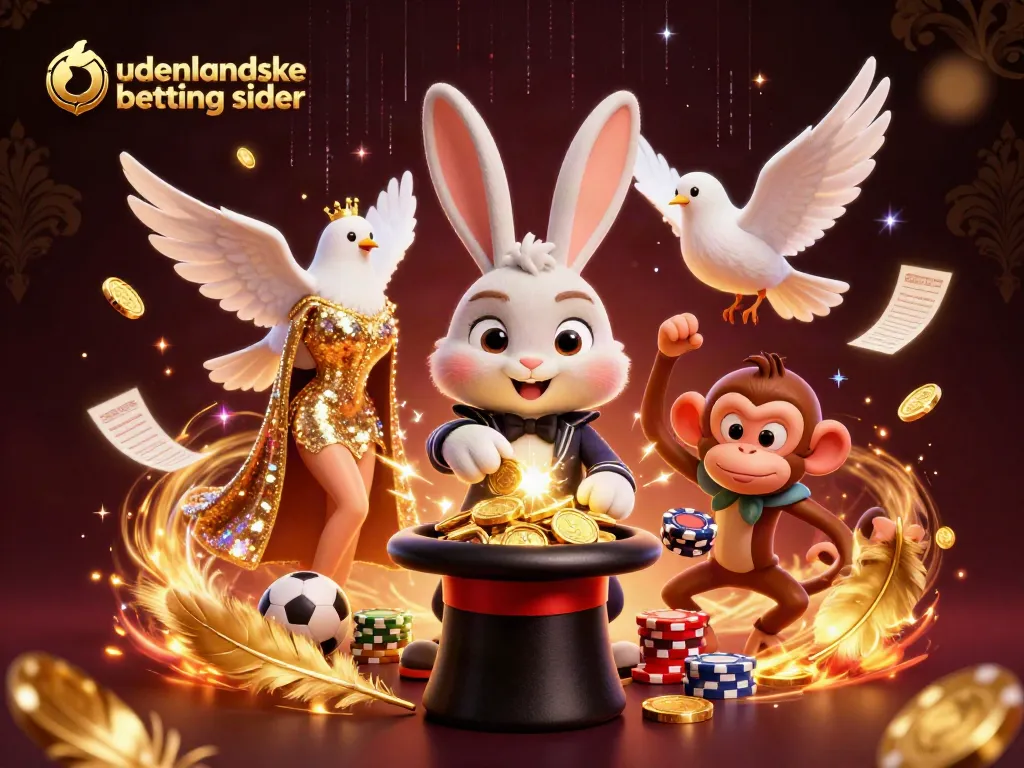 Engaging scene of udenlandske betting sider with a magician rabbit, glamorous dove, and playful monkey amidst sports elements.