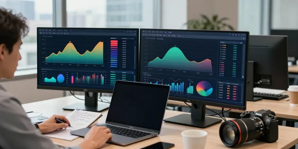 Analyzing actualité financière trends in a modern office.