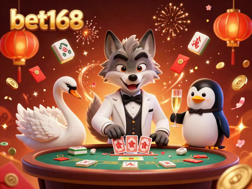Experience the excitement of bet168 with a dynamic casino illustration featuring a wolf, swan, and penguin at a baccarat table.