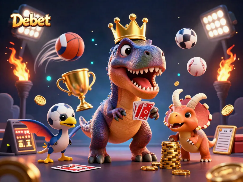 Debet showcases a dynamic gambling scene with a T-Rex and friends engaged in sports betting action.
