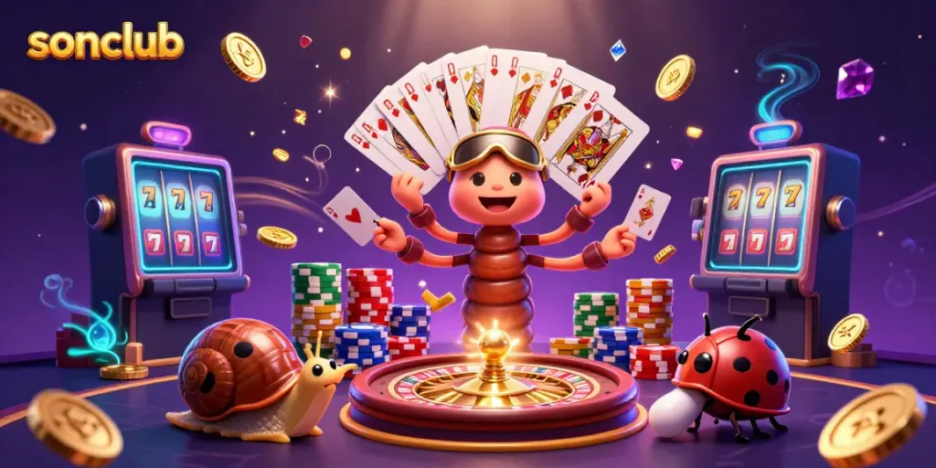 Experience the excitement of sonclub with a vibrant 3D casino scene featuring unique characters and dynamic elements.