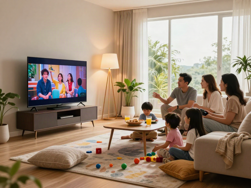 Moment de partage familial autour de la télévision Iron tv dans un salon moderne et chaleureux