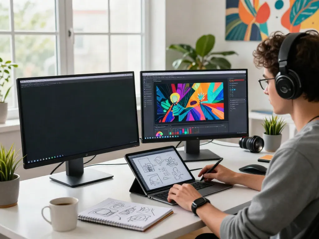 Creative scene of an artist designing NSFW AI art in a vibrant digital workspace with colorful displays and natural light.