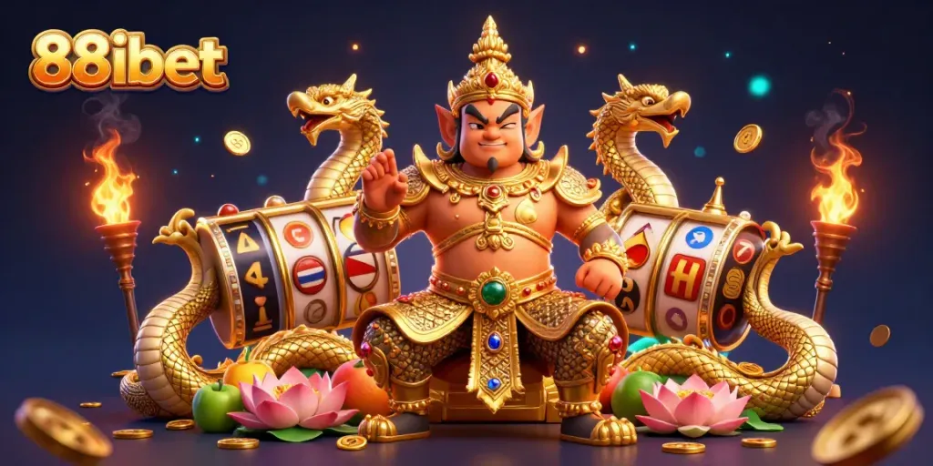 Spin vibrant slots with 88ibet in dynamic 3D cartoon scene featuring a golden guardian and Naga serpents.