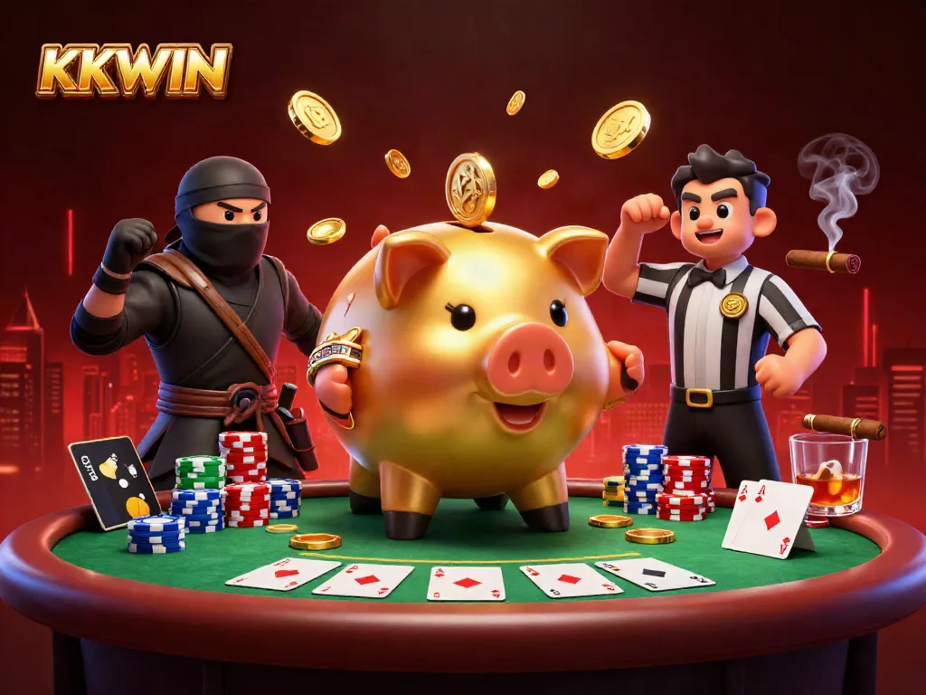 KKWIN brings excitement with a golden piggy bank sumo wrestler smashing for jackpots at a poker table.