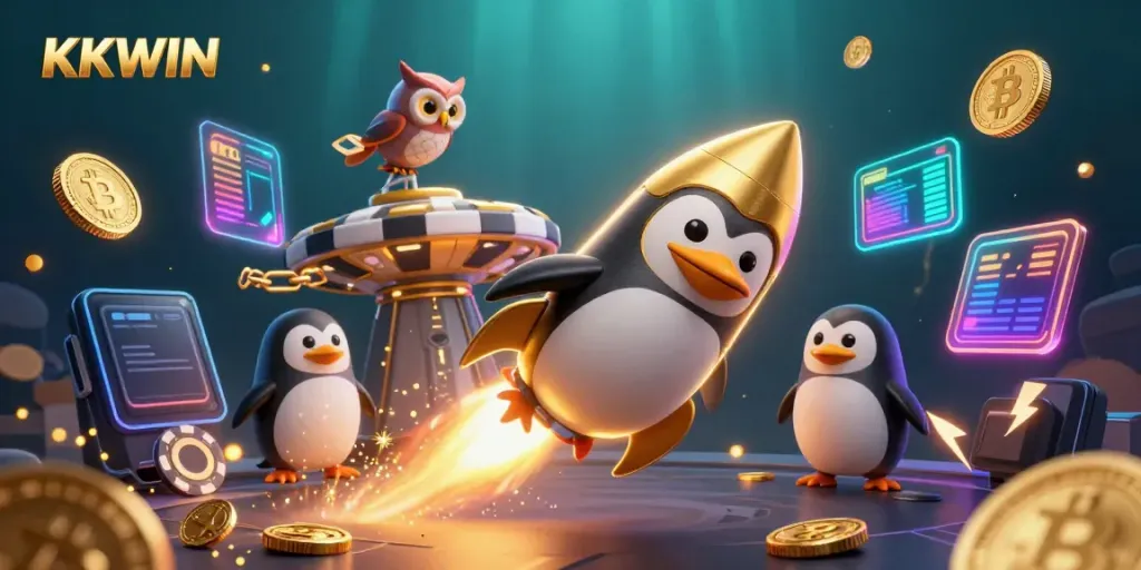 Engaging KKWIN online casino scene featuring a golden penguin and vibrant crypto elements.