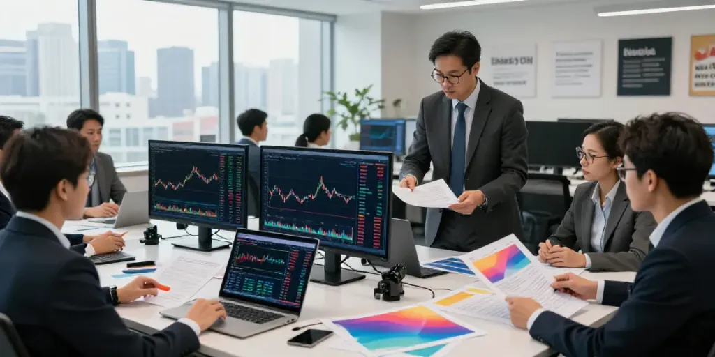Analyse de l'actualité financière dans un bureau moderne avec des experts discutant des tendances du marché.