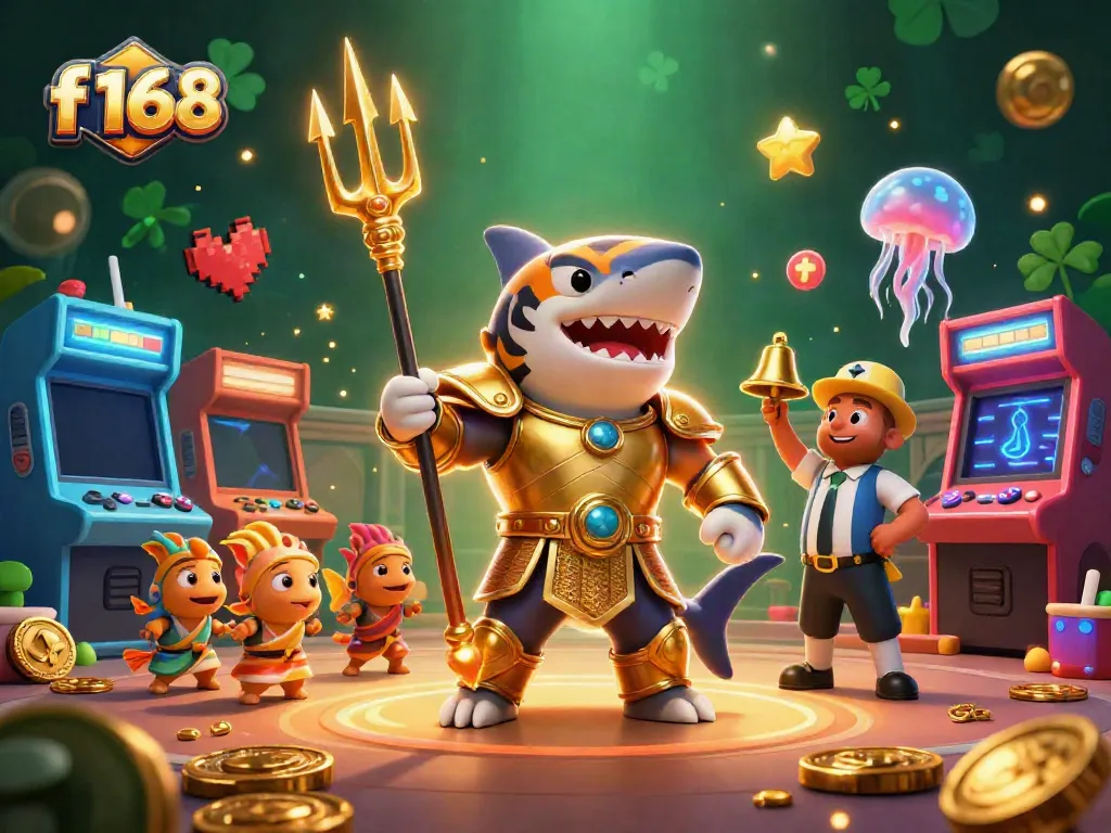 Engage in exciting gaming at f 168 with a vibrant underwater colosseum scene featuring a tiger shark in gladiator armor.