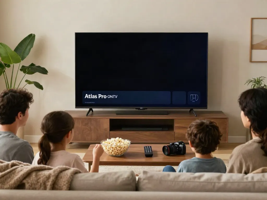 Une famille profitant de l'application Atlas Pro ONTV dans leur salon chaleureux.