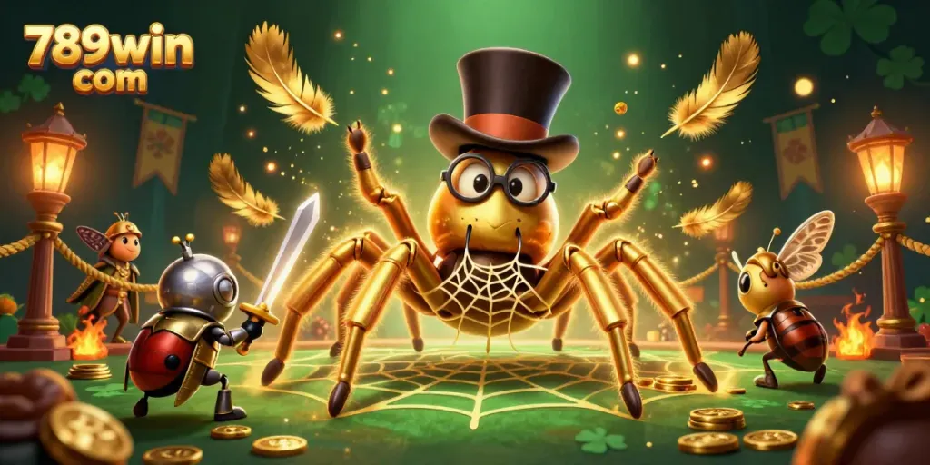 Experience thrilling moments at 789win com with a captivating golden tarantula weaver and knight in a dynamic casino setting.