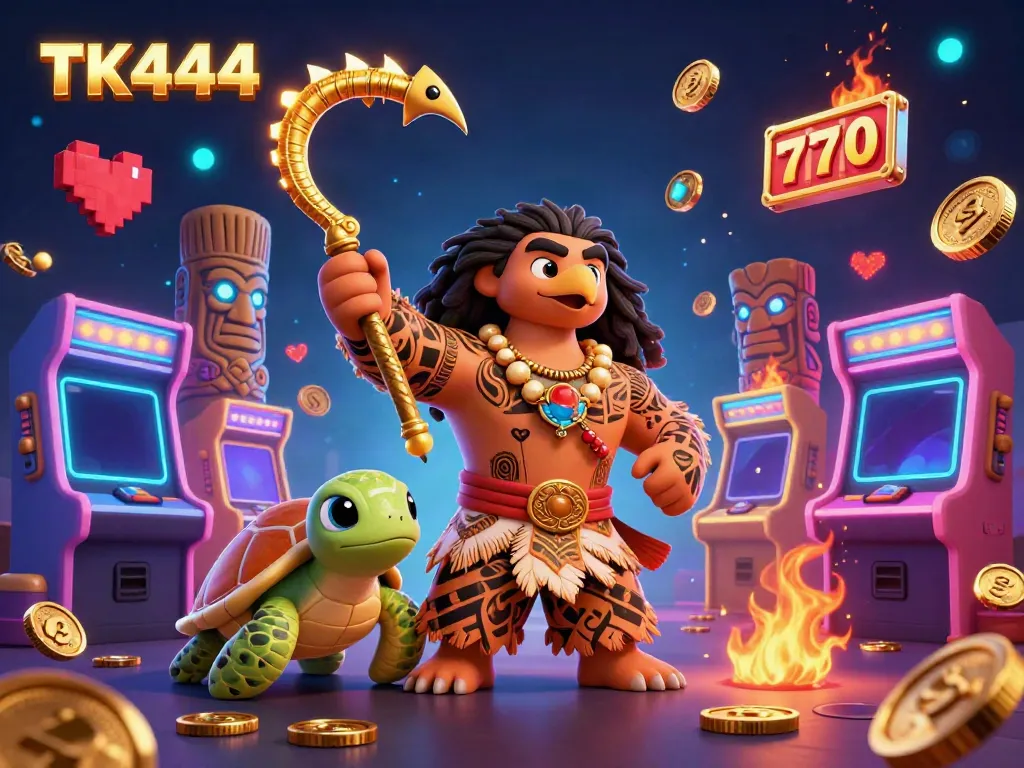 Experience the excitement of TK444 casino with a dynamic illustration featuring a demigod hawk and gaming elements.