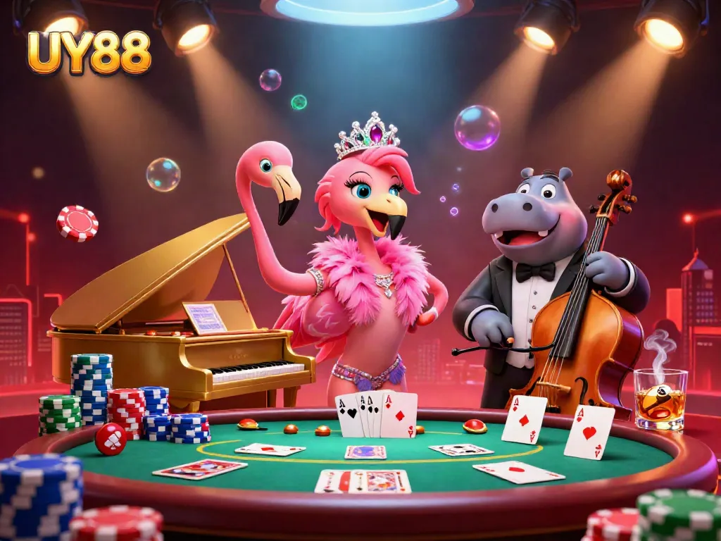 Experience the vibrant energy of UY88 with a dynamic casino lounge scene featuring a flamingo singer and hippo bassist.