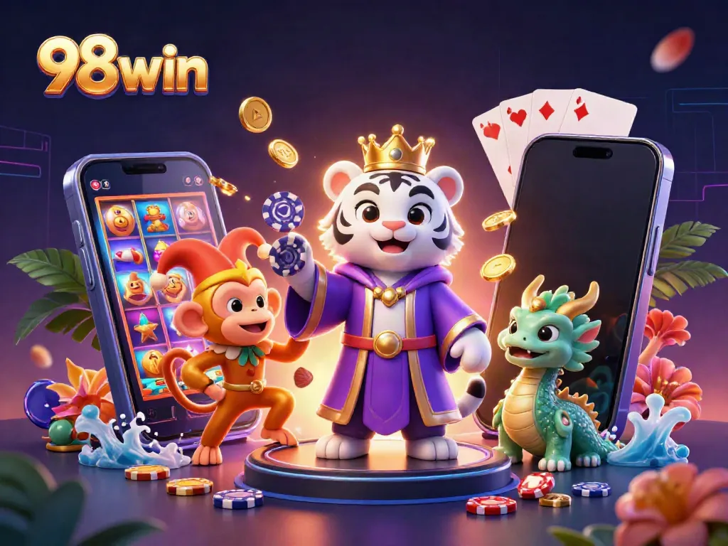 Capture the excitement with 98win's vibrant 3D illustration featuring a white tiger, golden monkey, and jade dragon amidst casino elements.