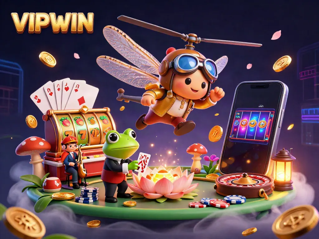 Experience VIPWIN's vibrant casino scene with a dragonfly pilot, frog croupier, and slot game action.