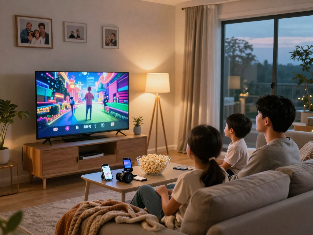 Vision de famille profitant de Iron tv en 4K dans un salon confortable.