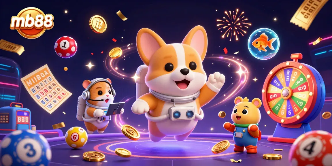Join the fun at mb88, where gaming excitement floats in space with colorful lottery balls and cheerful characters.