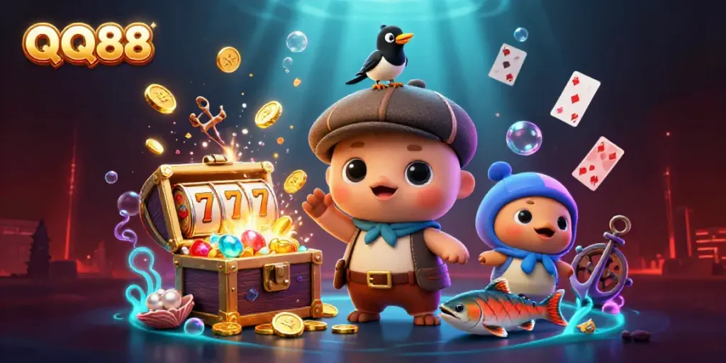 Engaging 3D illustration showcasing QQ88 with friendly cartoon Nessie, a playful magpie, and vibrant slot elements in an underwater scene.