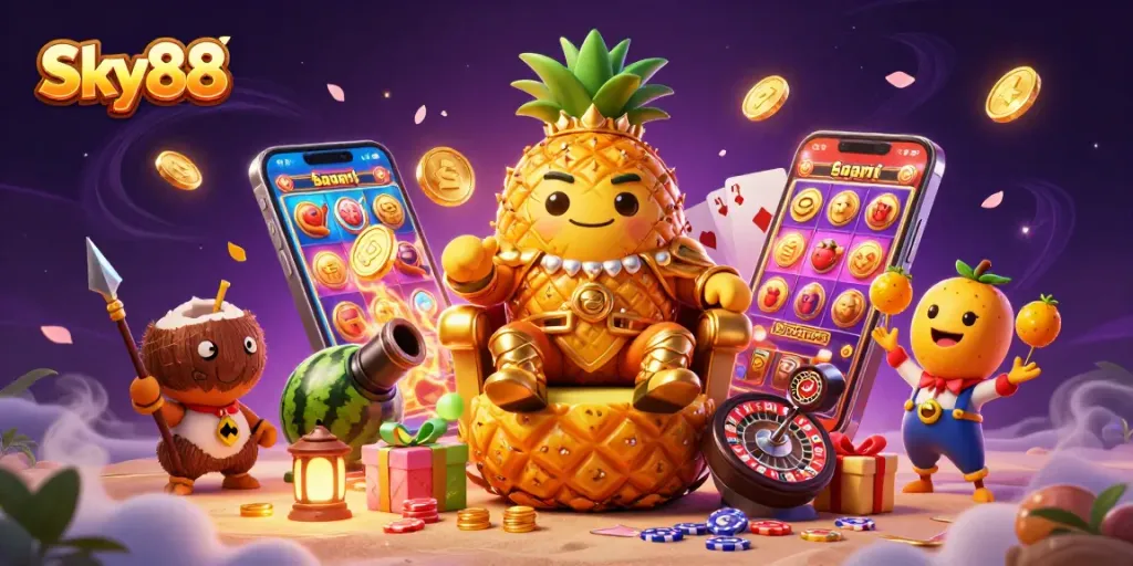 Experience the fun with Sky88 at a vibrant beach casino featuring a pineapple king and gaming excitement.